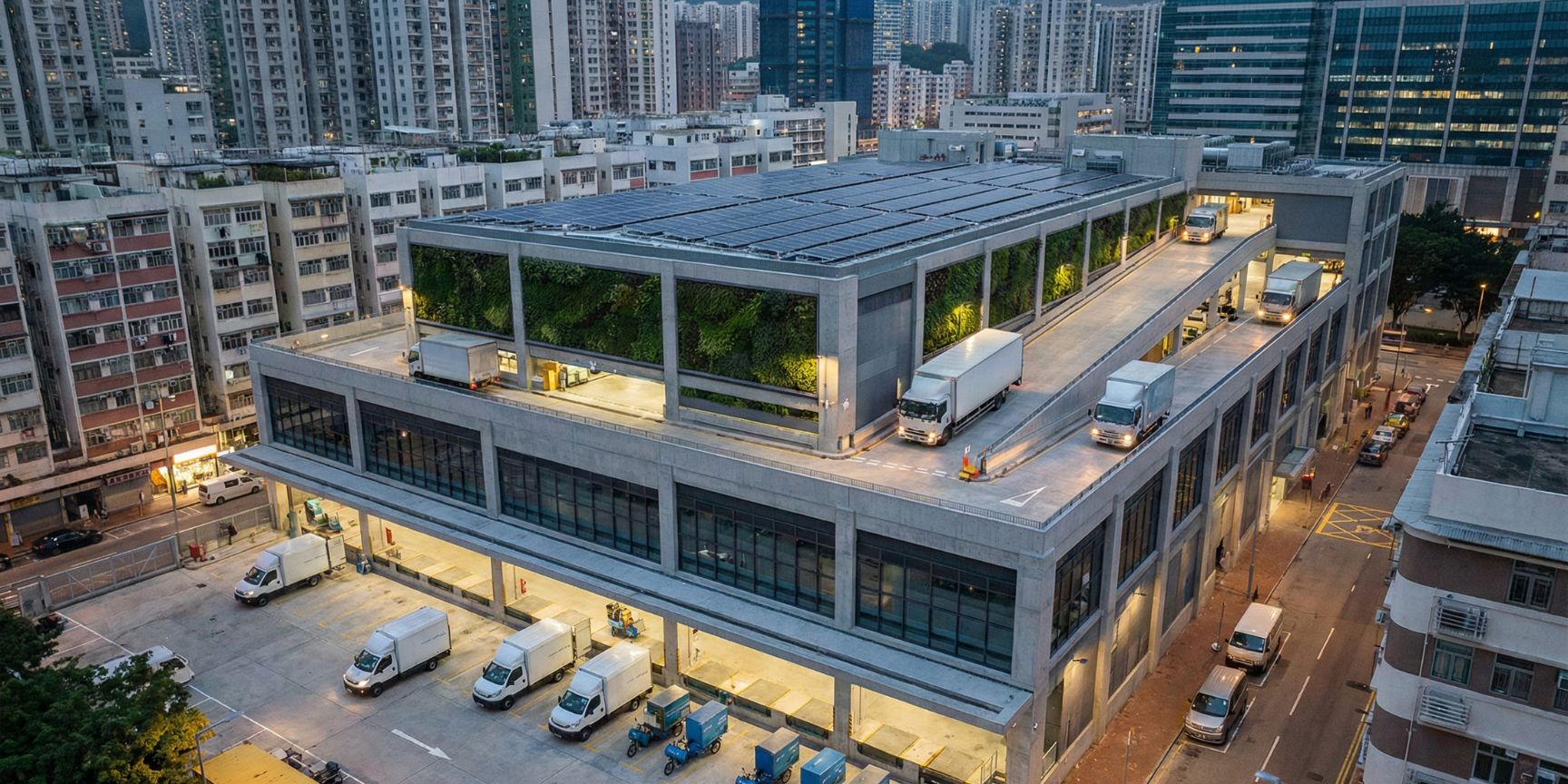 Drone shot of a modern, multi-storey urban distribution centre at dusk. Trucks drive over ramps to the upper parking decks, while on the ground floor delivery vans and electric cargo bikes are parked at loading docks. The façade is landscaped with vertical gardens and solar panels on the roof, surrounded by a dense urban landscape. This is an exemplary representation of sustainable city logistics properties